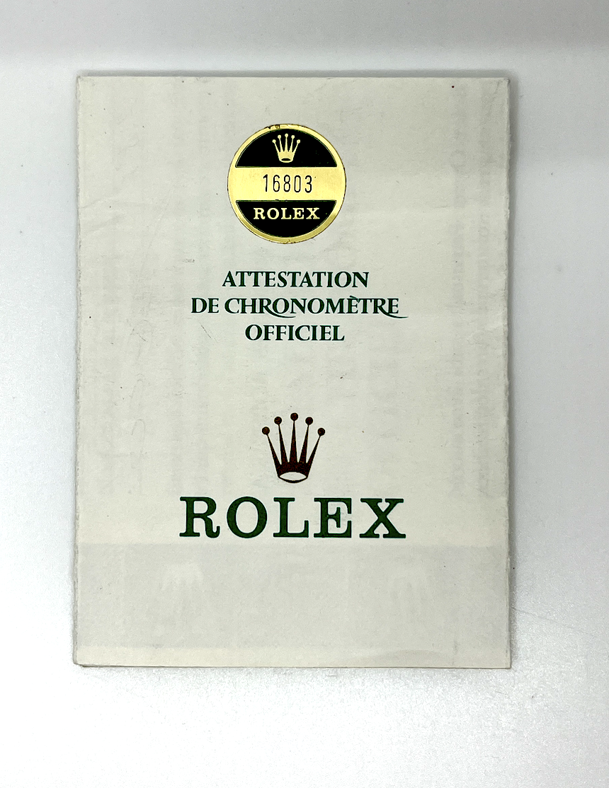 pre owned Rolex Certificate 16803 Serial 8847951