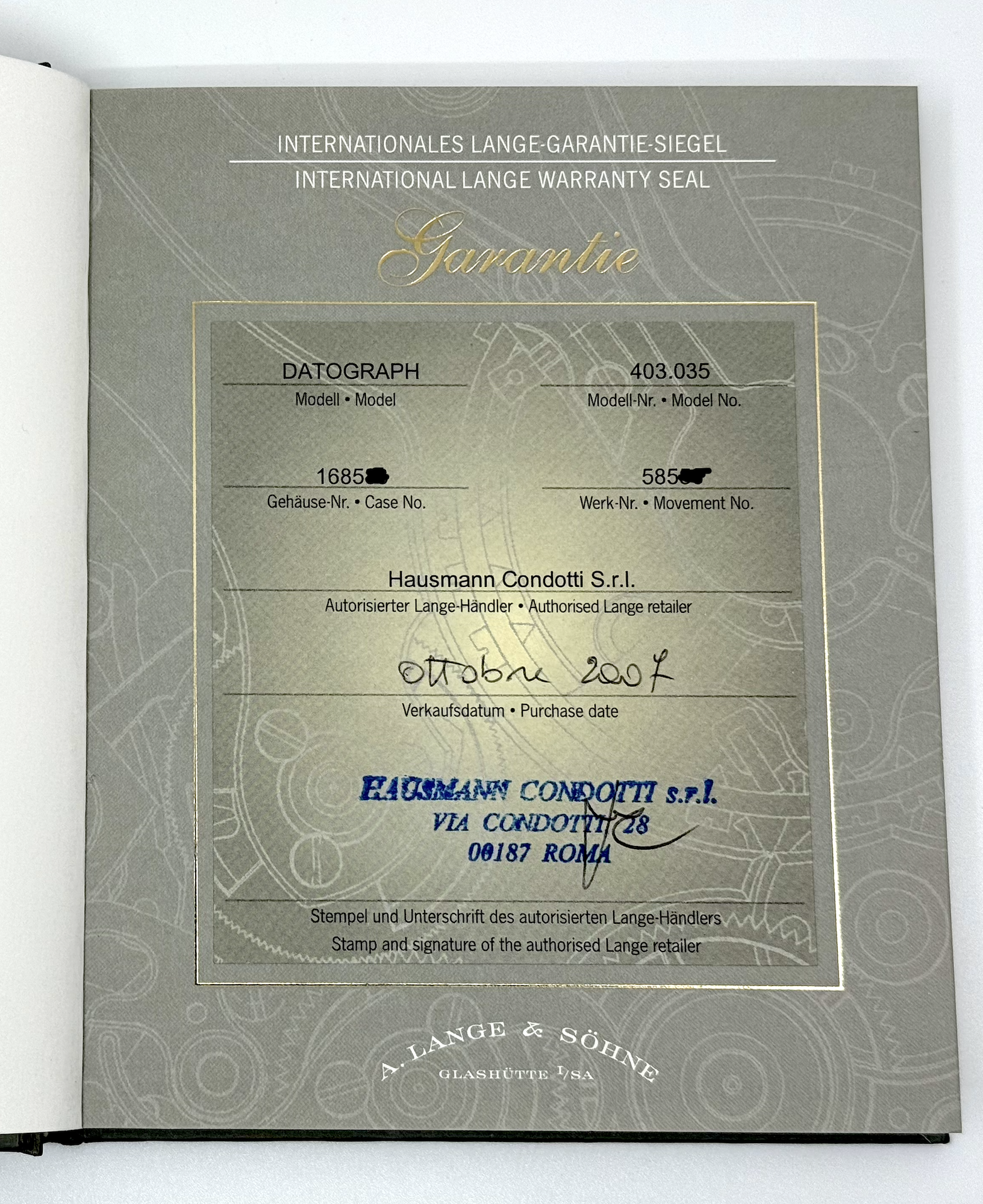 gebraucht A. LANGE & SÖHNE Zertifikat und Buch zur Uhr für das Modell DATOGRAPH in 950 Platinum